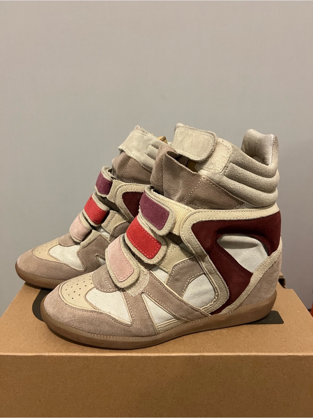 Isabel Marant Beige Suede Wedge Sneakers with Pink, Red & Burgundy Straps - Picture 2 of 8
